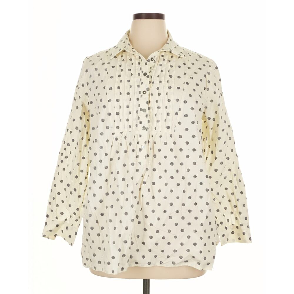 Sundance Polka Dot Blouse Ivory Black Button Front‎ Boho XL